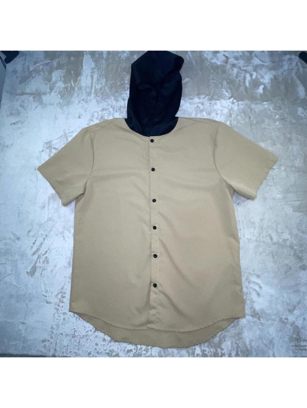 SHEIN Khaki Button Up Short Sleeve Lightweight Shirt with Black Hood Sz L *FLAW*